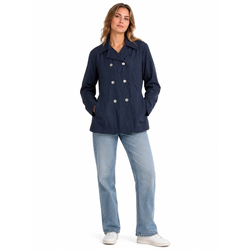 Dennis Basso Trench Jacket Womens XL Navy Blue Double Breasted Light Raincoat